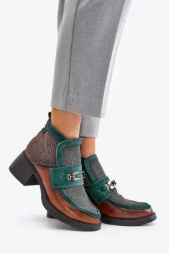 New Skórzane Botki Damskie Na Masywnym Obcasie Z Ozdobą A6747-29 Brązowo-Zielone Damskie Botki Ocieplane|Botki Maciejka