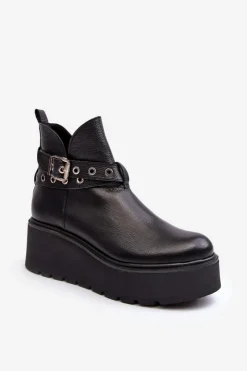 Botki Skórzane|Botki Na Koturnie>Zazoo Skórzane Botki Damskie Na Koturnie Platformie Z Paskami 1752 Czarne