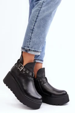 Botki Skórzane|Botki Na Koturnie></noscript>Zazoo Skórzane Botki Damskie Na Koturnie Platformie Z Paskami 1752 Czarne