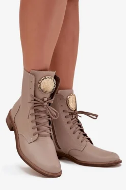 Best Skórzane Botki Damskie Na Płaskim Obcasie Ze Złotym Detalem 3084 Beżowe Damskie Botki Sznurowane|Botki Płaskie
