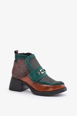 Outlet Skórzane Botki Damskie Na Masywnym Obcasie Z Ozdobą 06747-29 Brązowo-Zielone Damskie Botki Maciejka|Botki Skórzane