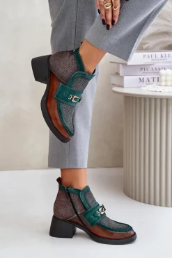 Outlet Skórzane Botki Damskie Na Masywnym Obcasie Z Ozdobą 06747-29 Brązowo-Zielone Damskie Botki Maciejka|Botki Skórzane