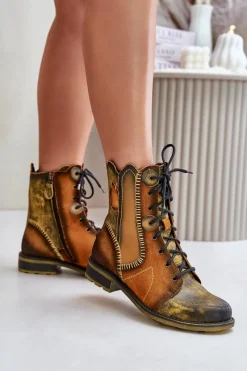 Botki Ocieplane|Botki Maciejka>Maciejka Skórzane Botki Damskie Na Płaskim Obcasie 06719-07 Żółte