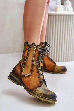 Botki Ocieplane|Botki Maciejka>Maciejka Skórzane Botki Damskie Na Płaskim Obcasie 06719-07 Żółte