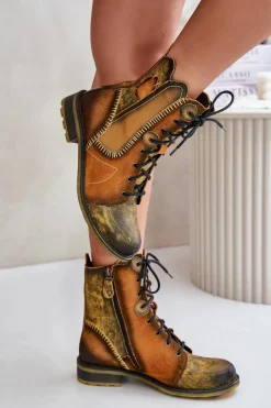 Botki Ocieplane|Botki Maciejka></noscript>Maciejka Skórzane Botki Damskie Na Płaskim Obcasie 06719-07 Żółte