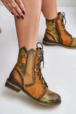 Botki Ocieplane|Botki Maciejka></noscript>Maciejka Skórzane Botki Damskie Na Płaskim Obcasie 06719-07 Żółte