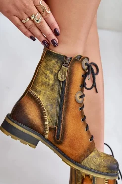 Botki Ocieplane|Botki Maciejka></noscript>Maciejka Skórzane Botki Damskie Na Płaskim Obcasie 06719-07 Żółte