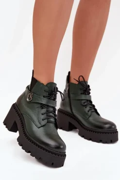 Botki Ocieplane|Brązowe I Beżowe Botki>Zazoo Skórzane Botki Damskie Na Klocku Z Ozdobnym Paskiem Ocieplane 60557 Ciemnozielone Zielony