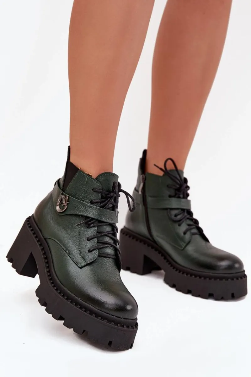 Botki Ocieplane|Brązowe I Beżowe Botki>Zazoo Skórzane Botki Damskie Na Klocku Z Ozdobnym Paskiem Ocieplane 60557 Ciemnozielone Zielony