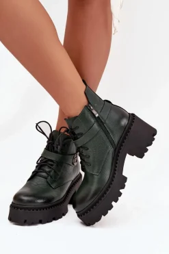 Botki Ocieplane|Brązowe I Beżowe Botki>Zazoo Skórzane Botki Damskie Na Klocku Z Ozdobnym Paskiem Ocieplane 60557 Ciemnozielone Zielony