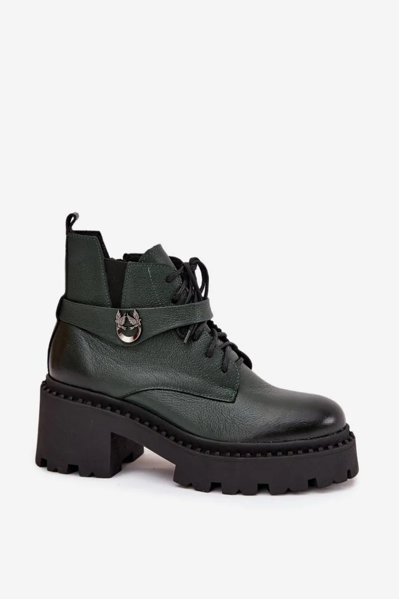 Botki Ocieplane|Brązowe I Beżowe Botki>Zazoo Skórzane Botki Damskie Na Klocku Z Ozdobnym Paskiem Ocieplane 60557 Ciemnozielone Zielony