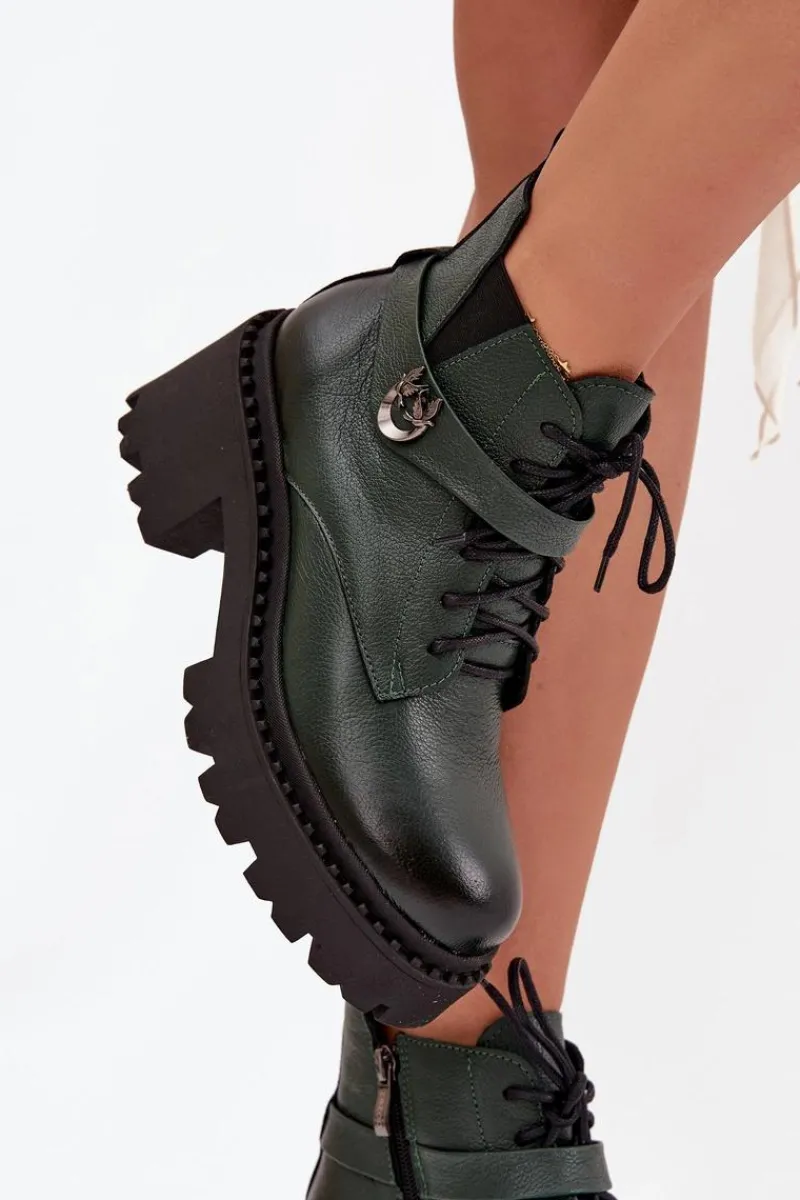 Botki Ocieplane|Brązowe I Beżowe Botki>Zazoo Skórzane Botki Damskie Na Klocku Z Ozdobnym Paskiem Ocieplane 60557 Ciemnozielone Zielony