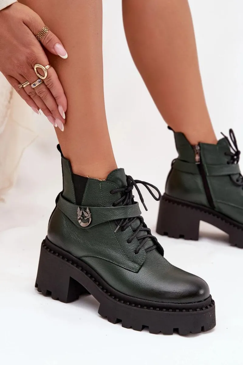 Botki Ocieplane|Brązowe I Beżowe Botki>Zazoo Skórzane Botki Damskie Na Klocku Z Ozdobnym Paskiem Ocieplane 60557 Ciemnozielone Zielony