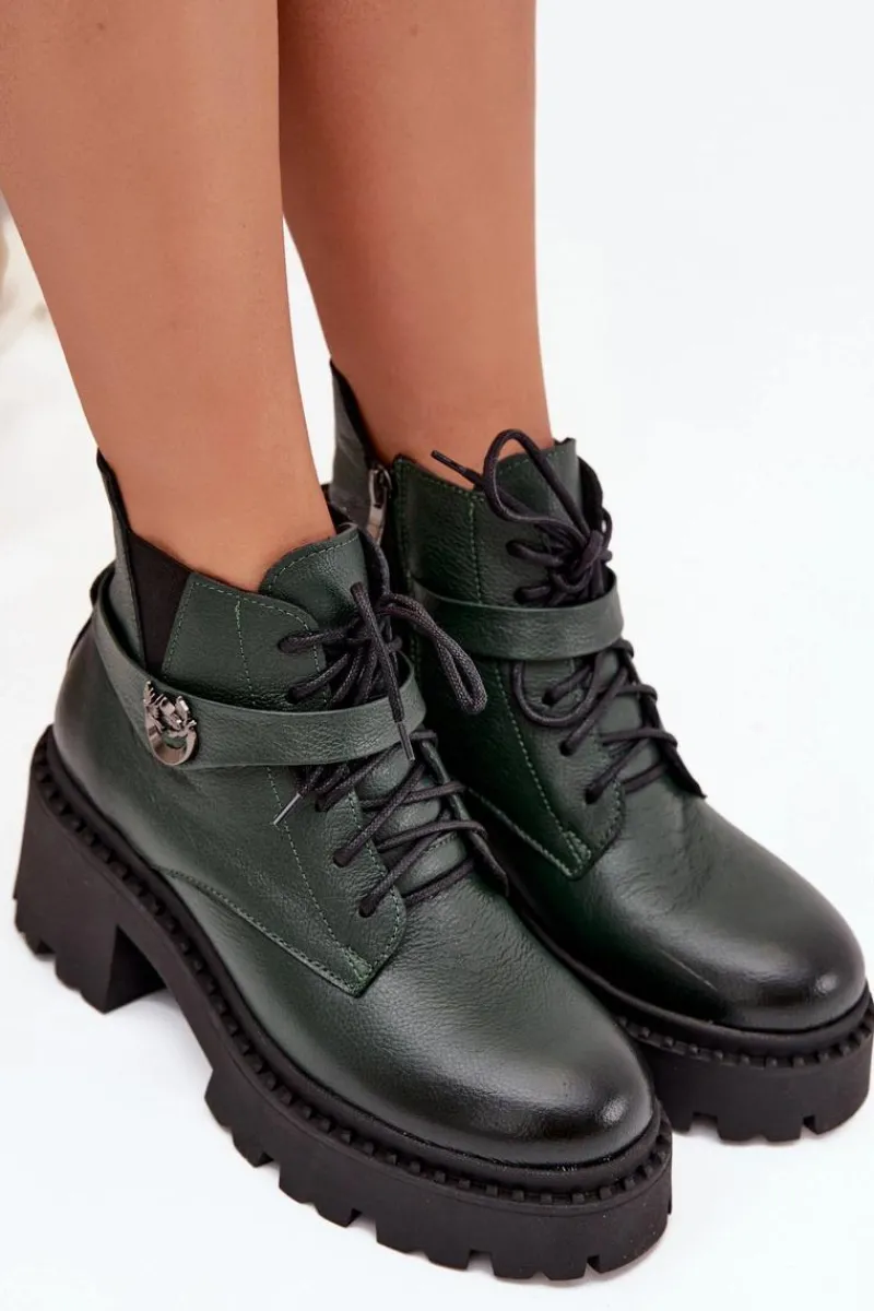 Botki Ocieplane|Brązowe I Beżowe Botki>Zazoo Skórzane Botki Damskie Na Klocku Z Ozdobnym Paskiem Ocieplane 60557 Ciemnozielone Zielony