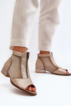 Outlet Skórzane Botki Damskie Na Płaskim Obcasie Z Odkrytymi Palcami 06413-25 Złote Damskie Botki Wiosenne|Botki Maciejka