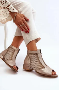 Outlet Skórzane Botki Damskie Na Płaskim Obcasie Z Odkrytymi Palcami 06413-25 Złote Damskie Botki Wiosenne|Botki Maciejka