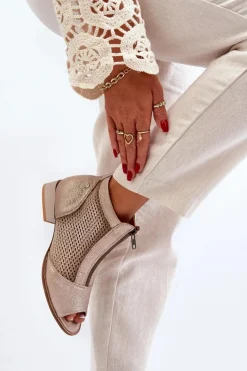 Outlet Skórzane Botki Damskie Na Płaskim Obcasie Z Odkrytymi Palcami 06413-25 Złote Damskie Botki Wiosenne|Botki Maciejka