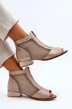 Outlet Skórzane Botki Damskie Na Płaskim Obcasie Z Odkrytymi Palcami 06413-25 Złote Damskie Botki Wiosenne|Botki Maciejka