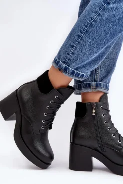 New Boto Skórzane Botki Damskie Na Słupku Czarne Lemar Leocera