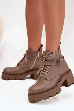 Outlet Skórzane Botki Damskie Na Klocku Z Ozdobnym Paskiem Ocieplane 60557 Ciemnobeżowe Damskie Botki Ocieplane|Brązowe I Beżowe Botki