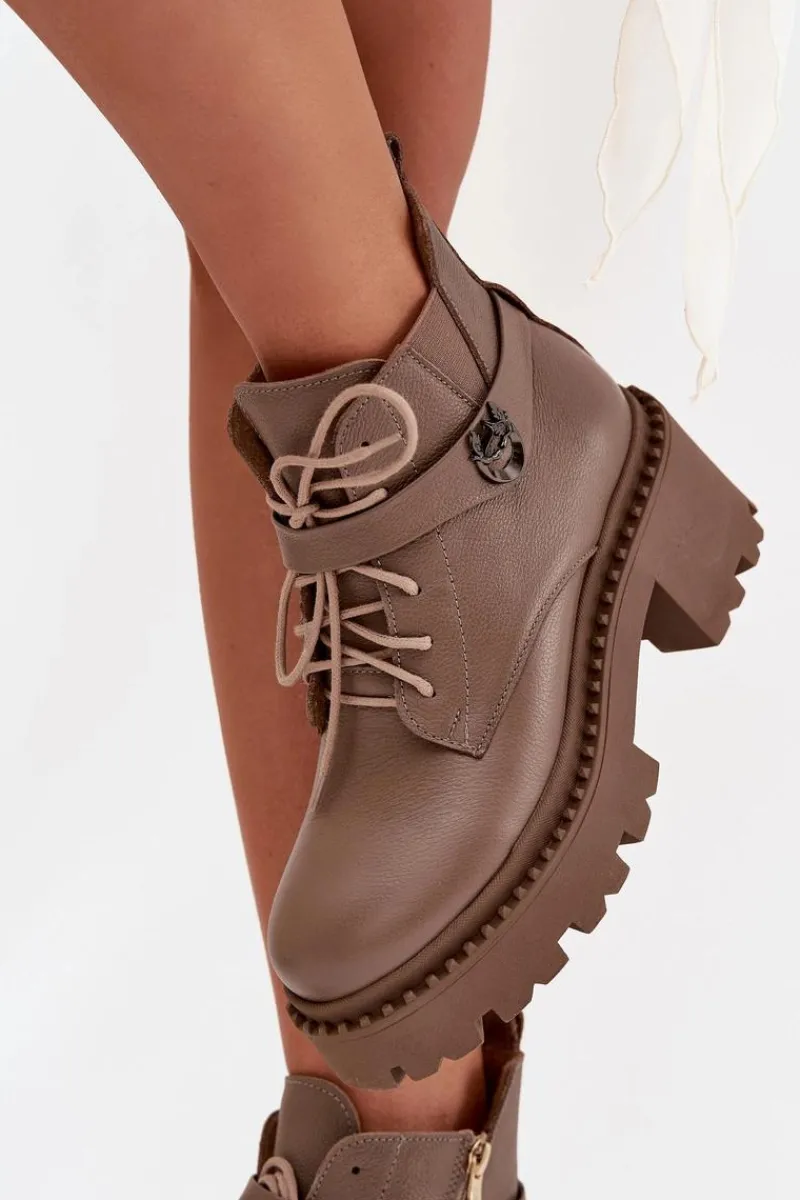 Outlet Skórzane Botki Damskie Na Klocku Z Ozdobnym Paskiem Ocieplane 60557 Ciemnobeżowe Damskie Botki Ocieplane|Brązowe I Beżowe Botki