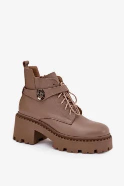 Outlet Skórzane Botki Damskie Na Klocku Z Ozdobnym Paskiem Ocieplane 60557 Ciemnobeżowe Damskie Botki Ocieplane|Brązowe I Beżowe Botki