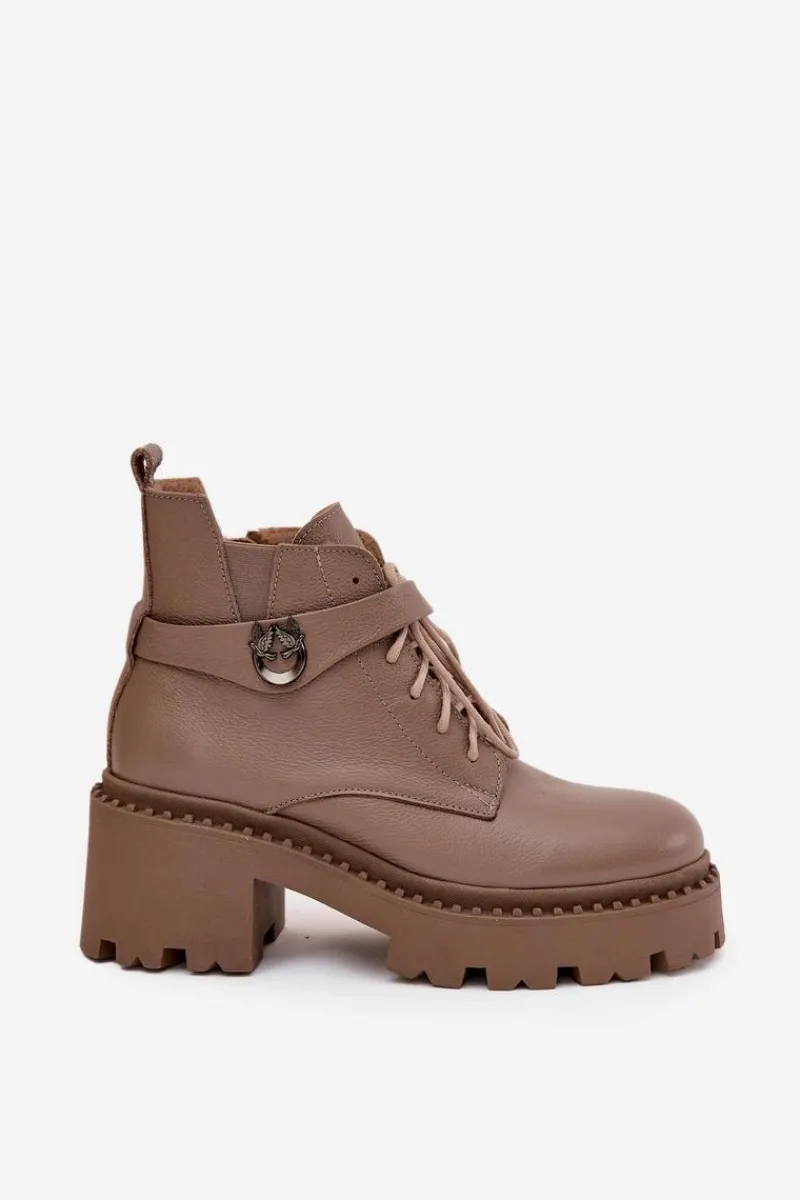 Outlet Skórzane Botki Damskie Na Klocku Z Ozdobnym Paskiem Ocieplane 60557 Ciemnobeżowe Damskie Botki Ocieplane|Brązowe I Beżowe Botki