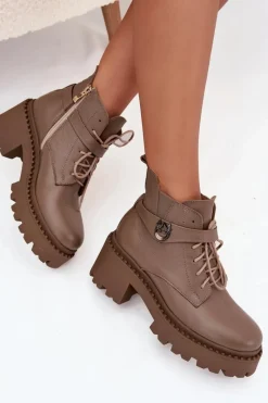 Outlet Skórzane Botki Damskie Na Klocku Z Ozdobnym Paskiem Ocieplane 60557 Ciemnobeżowe Damskie Botki Ocieplane|Brązowe I Beżowe Botki