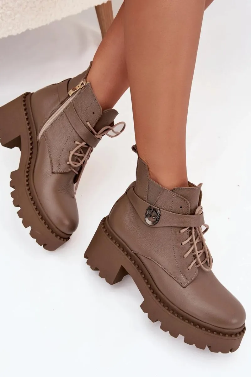 Outlet Skórzane Botki Damskie Na Klocku Z Ozdobnym Paskiem Ocieplane 60557 Ciemnobeżowe Damskie Botki Ocieplane|Brązowe I Beżowe Botki