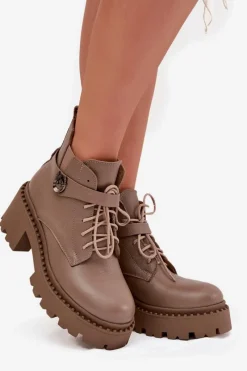 Outlet Skórzane Botki Damskie Na Klocku Z Ozdobnym Paskiem Ocieplane 60557 Ciemnobeżowe Damskie Botki Ocieplane|Brązowe I Beżowe Botki