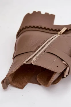 Outlet Skórzane Botki Damskie Na Klocku Z Ozdobnym Paskiem Ocieplane 60557 Ciemnobeżowe Damskie Botki Ocieplane|Brązowe I Beżowe Botki