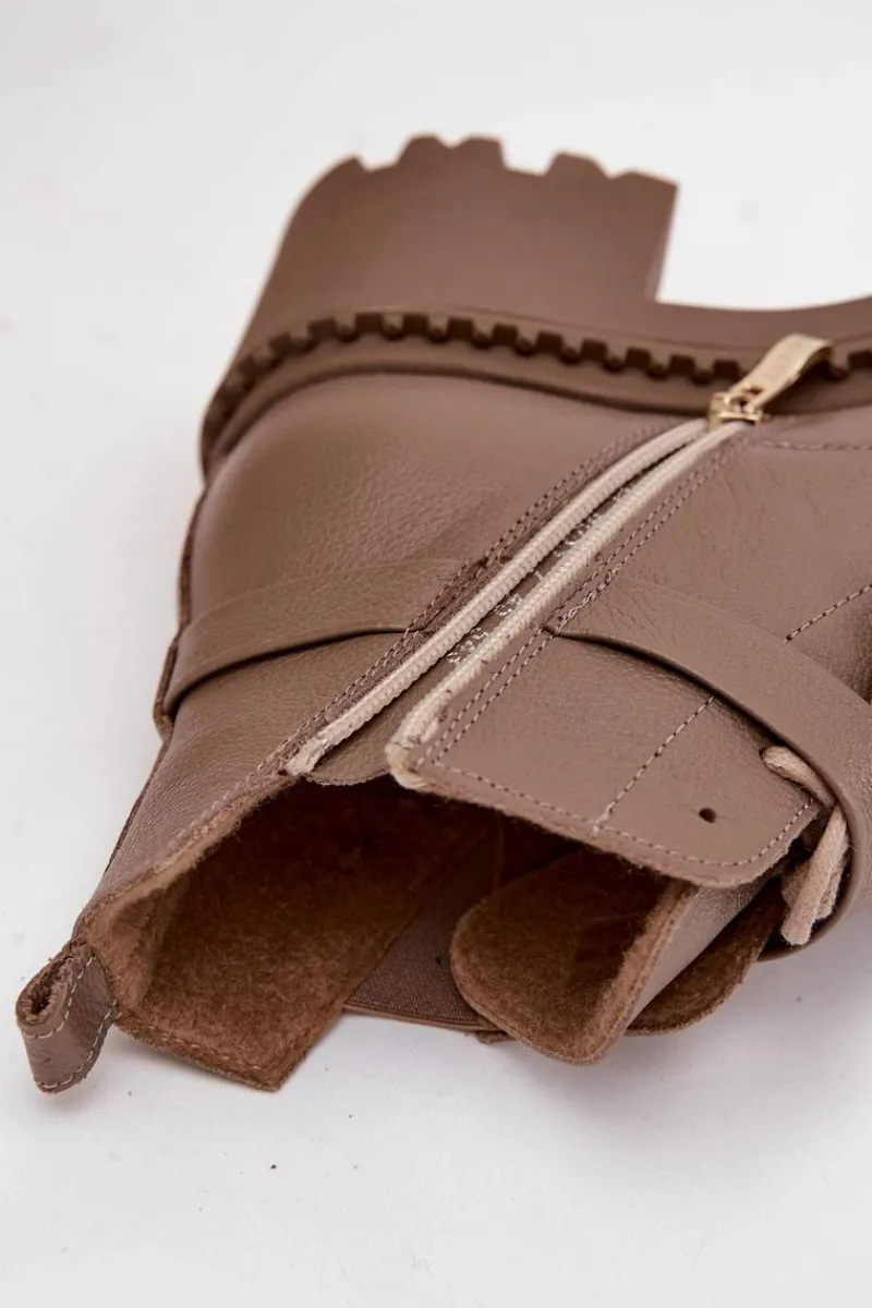 Outlet Skórzane Botki Damskie Na Klocku Z Ozdobnym Paskiem Ocieplane 60557 Ciemnobeżowe Damskie Botki Ocieplane|Brązowe I Beżowe Botki