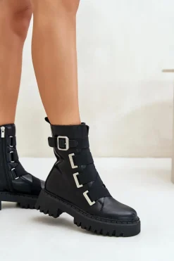 New Skórzane Botki Damskie Ocieplane Big Star OO274A256 Czarne Damskie Botki Skórzane|Botki Płaskie