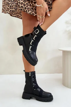 New Skórzane Botki Damskie Ocieplane Big Star OO274A256 Czarne Damskie Botki Skórzane|Botki Płaskie