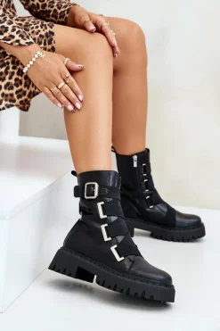 New Skórzane Botki Damskie Ocieplane Big Star OO274A256 Czarne Damskie Botki Skórzane|Botki Płaskie