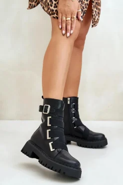 New Skórzane Botki Damskie Ocieplane Big Star OO274A256 Czarne Damskie Botki Skórzane|Botki Płaskie