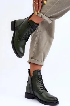Outlet Skórzane Botki Damskie Workery Zielone Tedrick Damskie Botki Płaskie|Botki Workery