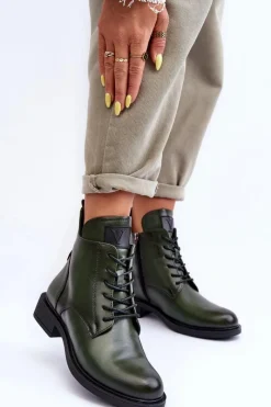 Outlet Skórzane Botki Damskie Workery Zielone Tedrick Damskie Botki Płaskie|Botki Workery