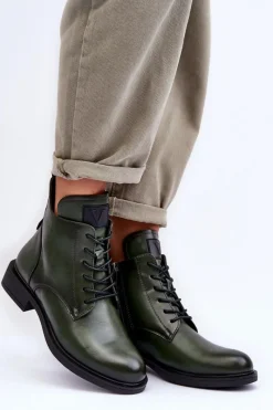 Outlet Skórzane Botki Damskie Workery Zielone Tedrick Damskie Botki Płaskie|Botki Workery