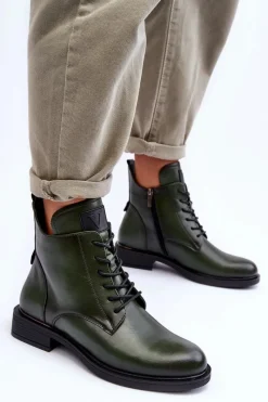 Outlet Skórzane Botki Damskie Workery Zielone Tedrick Damskie Botki Płaskie|Botki Workery