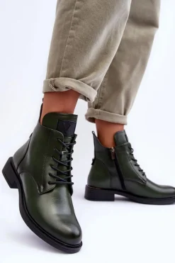 Outlet Skórzane Botki Damskie Workery Zielone Tedrick Damskie Botki Płaskie|Botki Workery