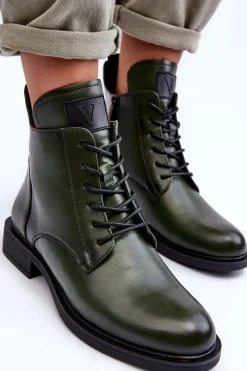 Outlet Skórzane Botki Damskie Workery Zielone Tedrick Damskie Botki Płaskie|Botki Workery