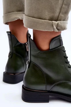 Outlet Skórzane Botki Damskie Workery Zielone Tedrick Damskie Botki Płaskie|Botki Workery