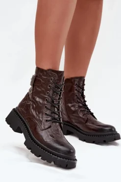Botki Ocieplane|Botki Skórzane>Artiker Skórzane Botki Damskie Z Efektem Marszczenia I Klamrą 57C1007 Czekoladowe Brązowy