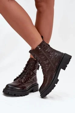 Botki Ocieplane|Botki Skórzane>Artiker Skórzane Botki Damskie Z Efektem Marszczenia I Klamrą 57C1007 Czekoladowe Brązowy