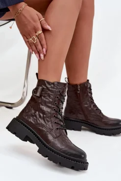 Botki Ocieplane|Botki Skórzane></noscript>Artiker Skórzane Botki Damskie Z Efektem Marszczenia I Klamrą 57C1007 Czekoladowe Brązowy