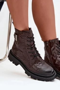 Botki Ocieplane|Botki Skórzane></noscript>Artiker Skórzane Botki Damskie Z Efektem Marszczenia I Klamrą 57C1007 Czekoladowe Brązowy