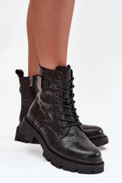 Outlet Skórzane Botki Damskie Z Efektem Marszczenia I Klamrą 57C1008 Czarne Damskie Botki Ocieplane|Botki Skórzane