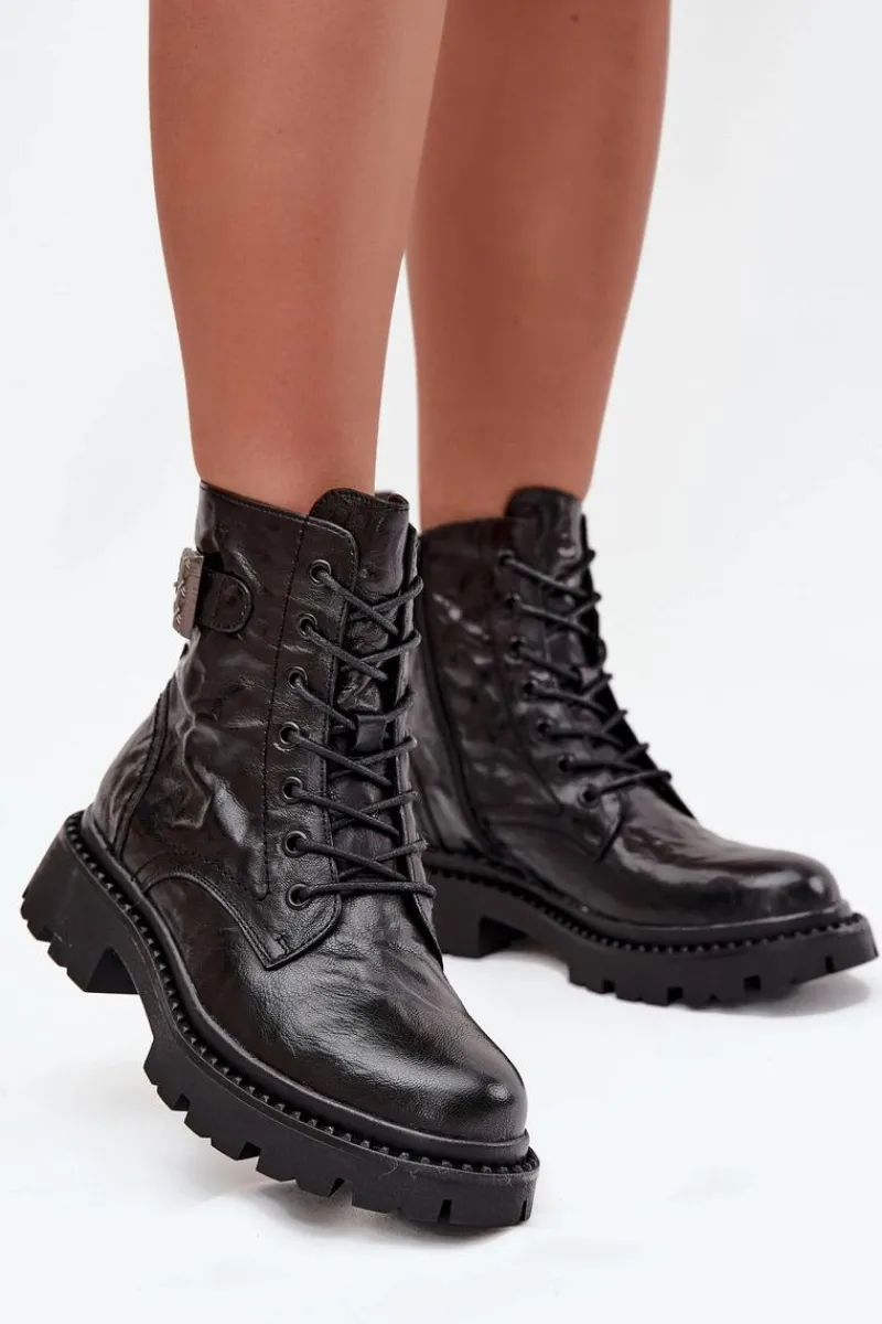 Outlet Skórzane Botki Damskie Z Efektem Marszczenia I Klamrą 57C1008 Czarne Damskie Botki Ocieplane|Botki Skórzane