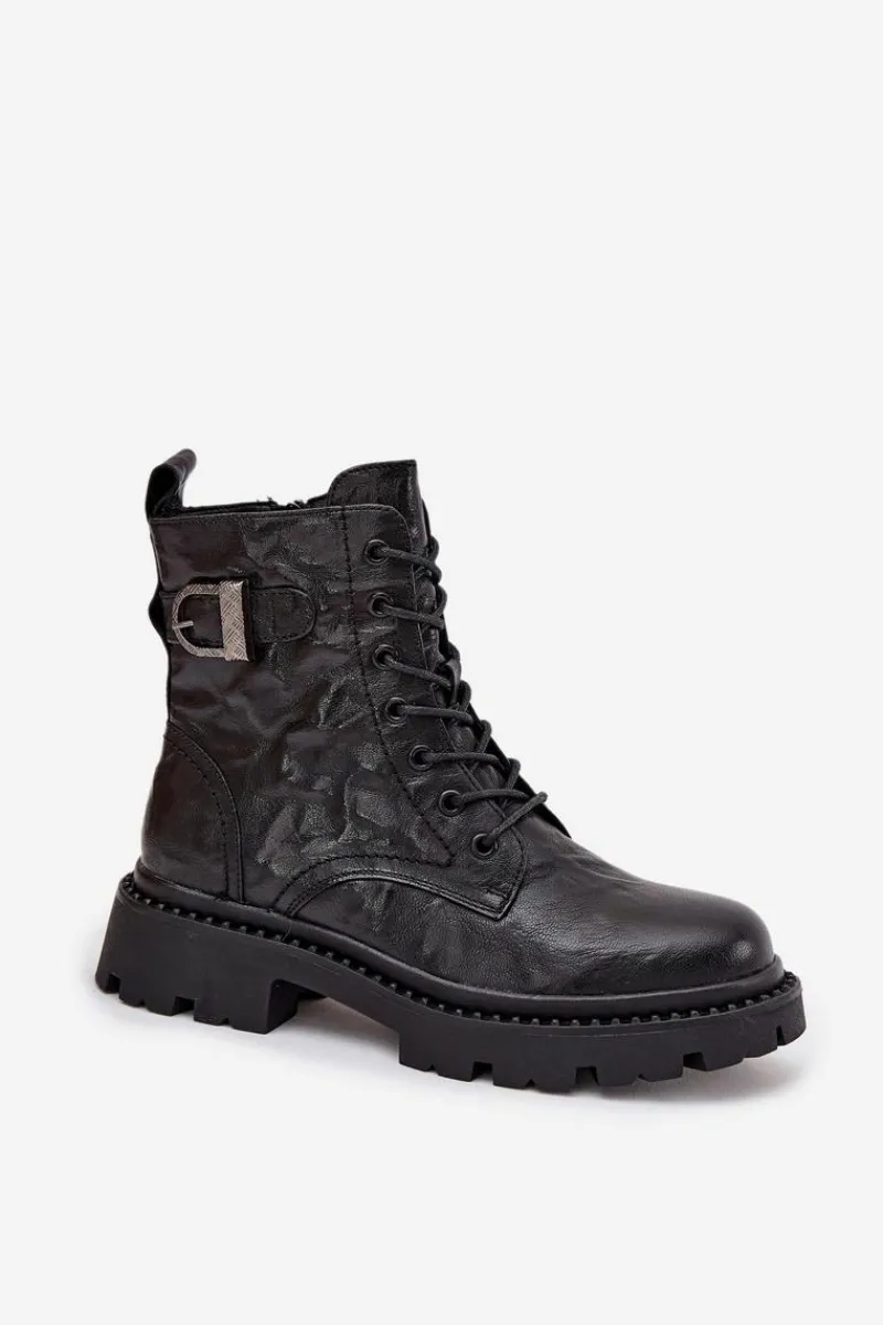 Outlet Skórzane Botki Damskie Z Efektem Marszczenia I Klamrą 57C1008 Czarne Damskie Botki Ocieplane|Botki Skórzane